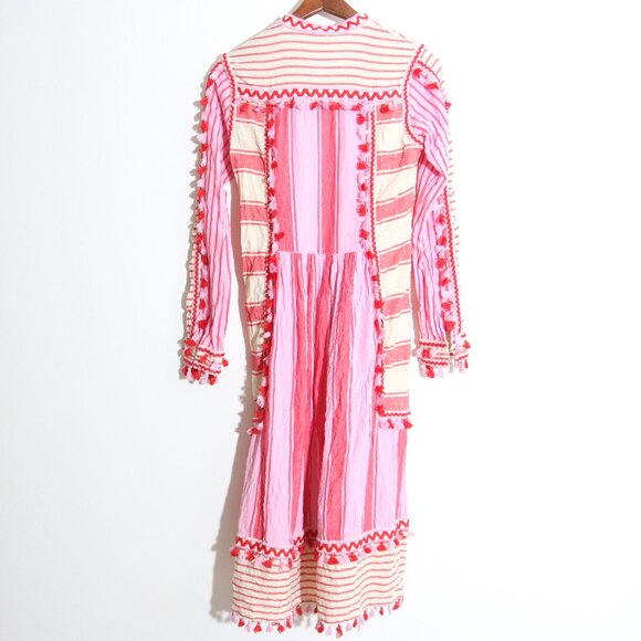 Dodo Bar Or Embroidered Stripe Midi Dress Tassel Fringe Pink Cotton Size Medium - Picture 12 of 14